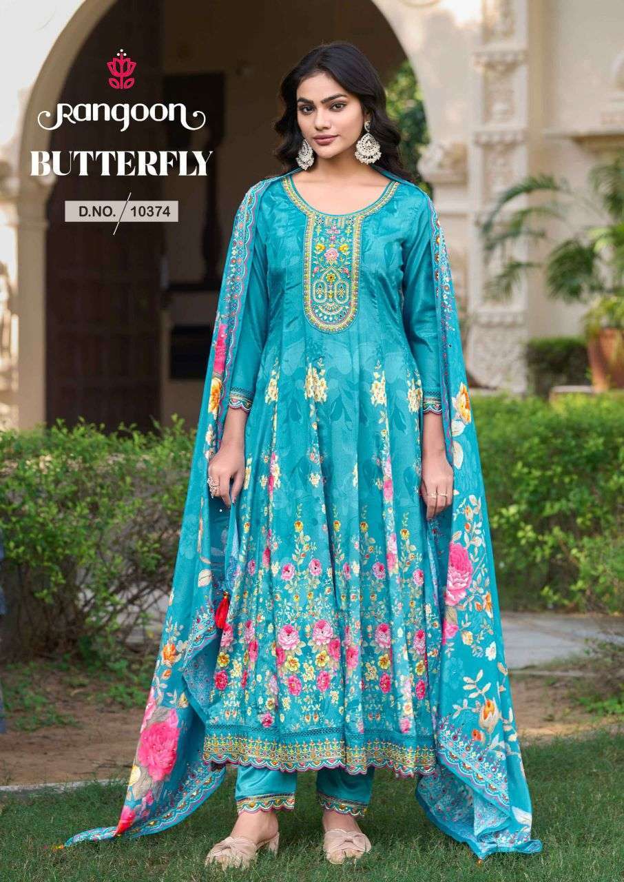 RANGOON BUTTERFLY CHINON DIGITAL PRINTED DESIGNER THREE PCS READYMADE SET DEALER IN INDIA 