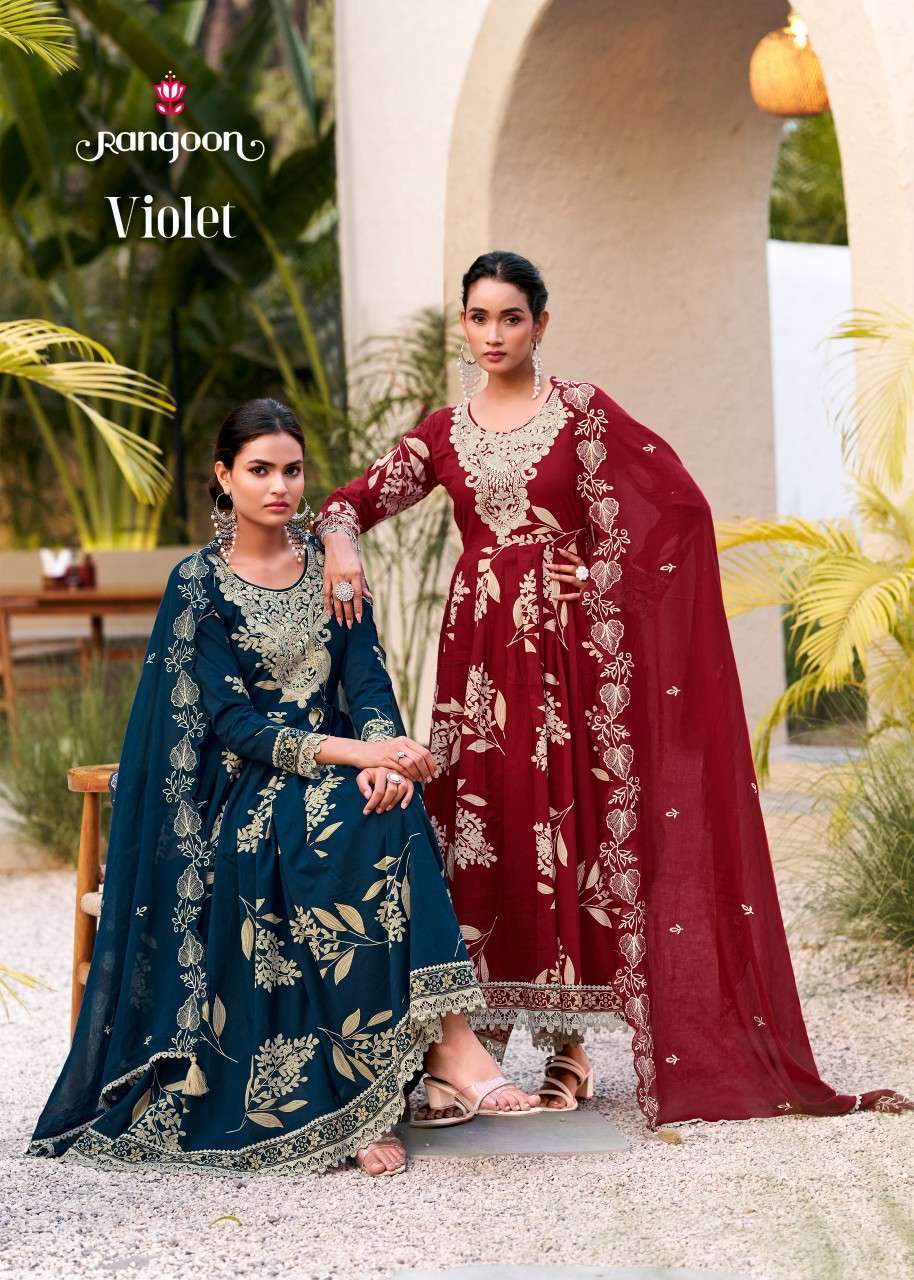RANGOON VIOLET COTTON CAMBRIC PRINT WITH COTTON THREAD WORK READYMADE SALWAR KAMEEZ WHOLESALE PRICE SURAT 