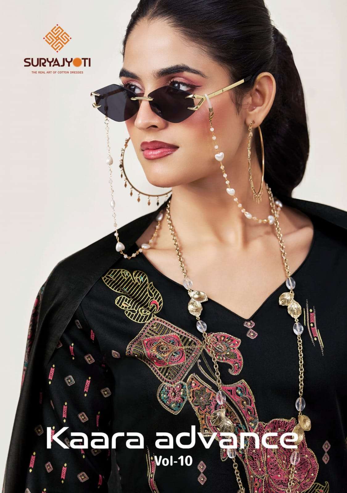 SURYAJYOTI KAARA ADVANCE  VOL 10 JAM SATIN DISCHARGE FANCY PRINT WITH HANDWORK DRESS MATERIAL WHOLESALER 
