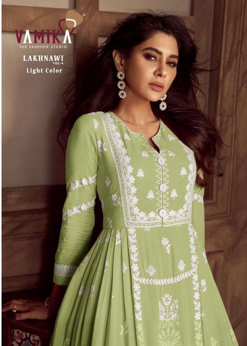 VAMIKA LAKHNAVI VOL-4 LIGHT COLOURS DESIGNER HEAVY RAYON WORK PALAZZO READYMADE SUIT WHOLESALER 