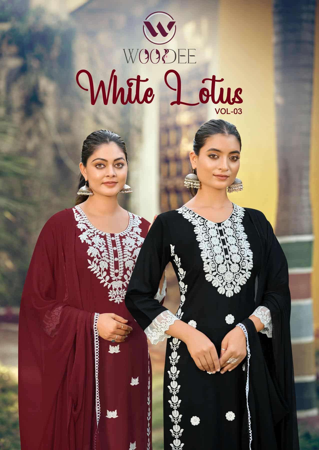 KARISSA WHITE LOTUS VOL 3 LIVE RAYON EMBROIDERY KURTI WITH PLAZZO SET SUPPLIER IN SURAT 