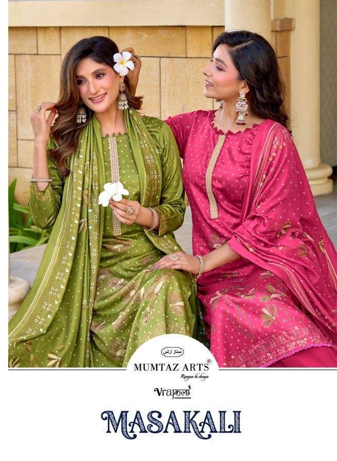 MUMTAZ ARTS MASAKALI VISOCSE JAM DISCHARGE PRINT WITH EMBROIDERY WORK SALWAR KAMEEZ WHOLESALE PRICE SURAT 