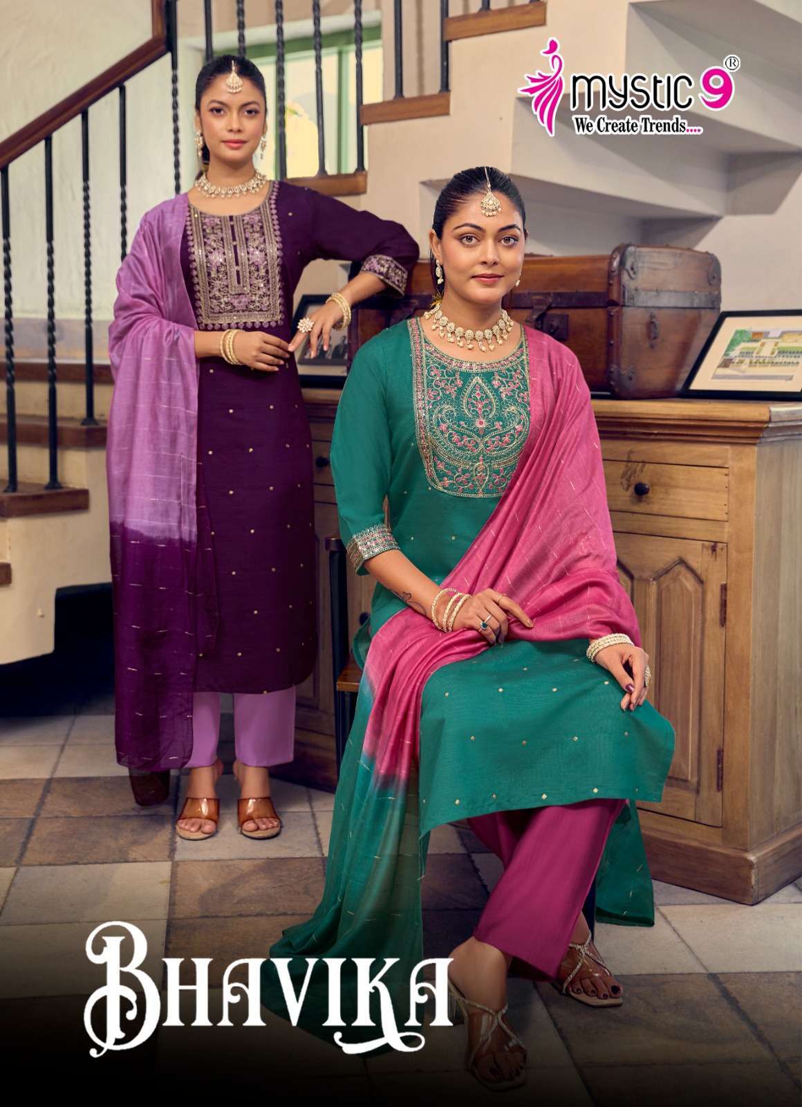 MYSTIC 9 BHAVIKA VOL 1 1001-1008 SERIES VERTICAN FANCY PRINTED READYMADE SALWAR KAMEEZ WHOLESALE PRICE SURAT 