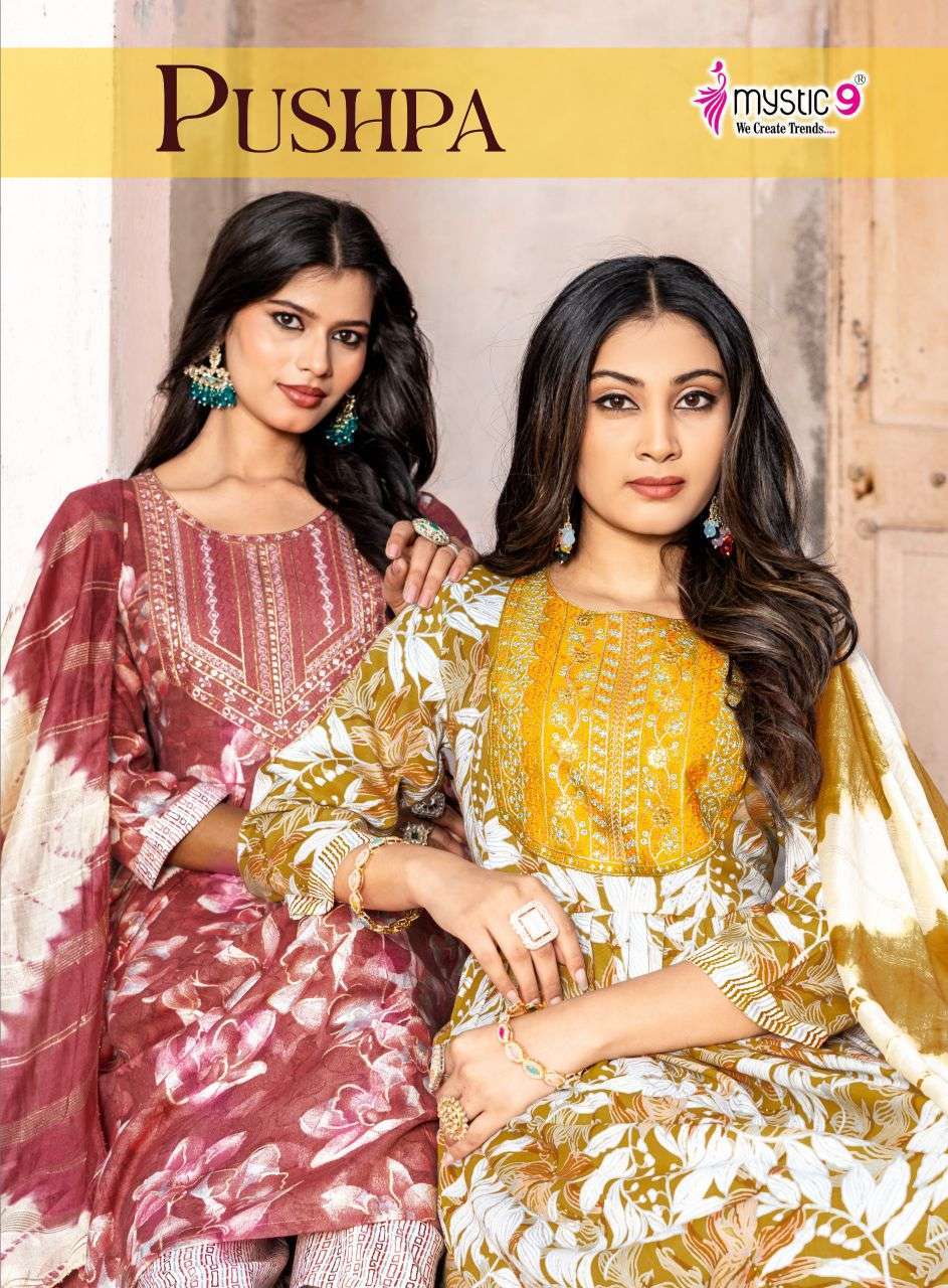 MYSTIC 9 PUSHPA VOL - 13 RAYON CAPSULE FOIL PRINTED DESIGNER READYMADE SALWAR KAMEEZ WHOLESALE PRICE SURAT 