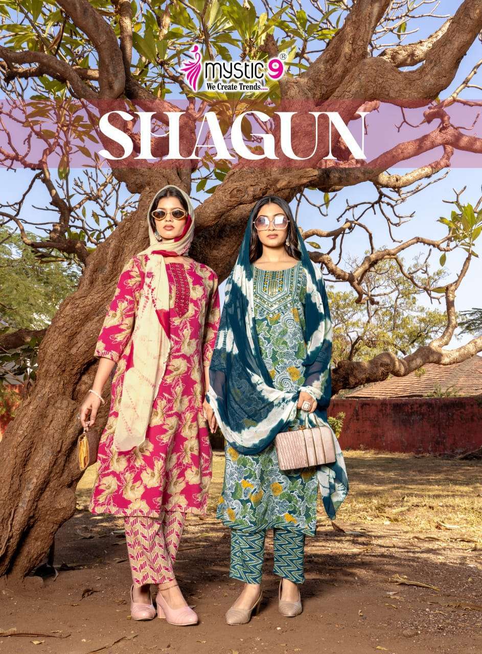 MYSTIC 9 SHAGUN VOL 28 PREMIUM RAYON KURTI BOTTOM DUPATTA SET CATALOG SUPPLIERS 