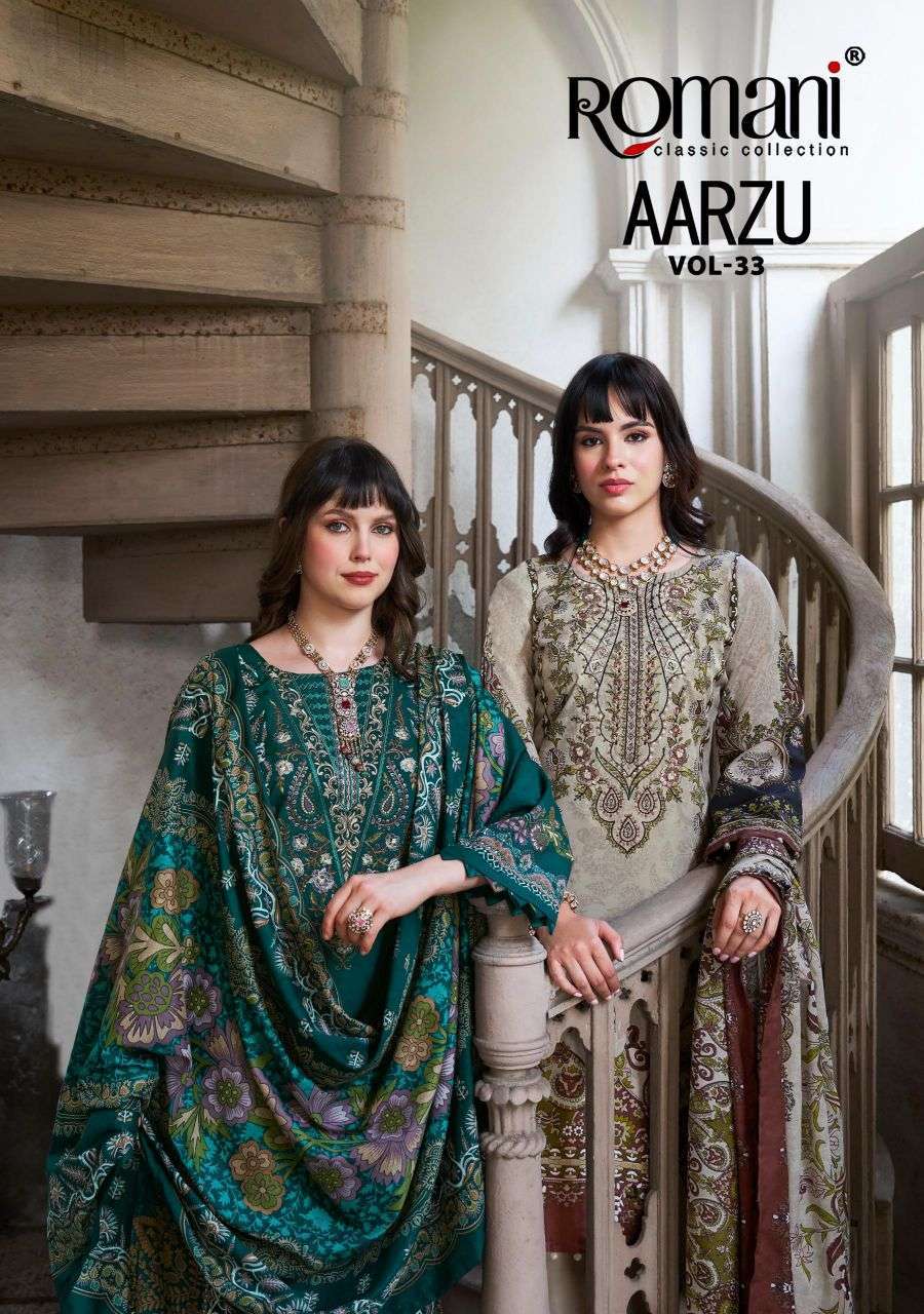 ROMANI AARZU VOL 33 SOFT COTTON HEAVY EMBRODERYWORK DRESS MATERIAL ONLINE SUPPLIER 