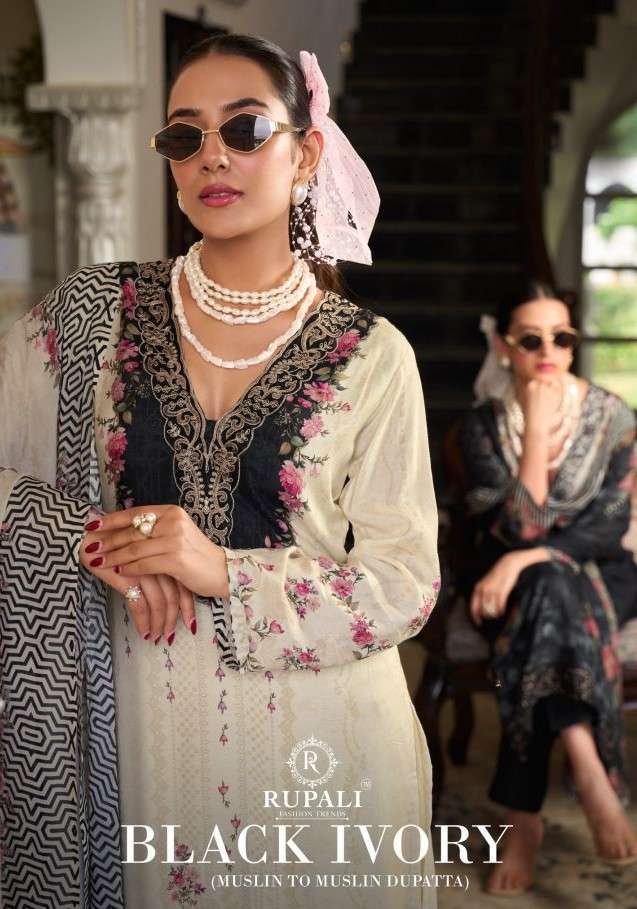 RUPALI FASHION BLACK IVORY MUSLIN DIGITAL PRINTED SALWAR KAMEEZ WHOLESALE BEST RATE 