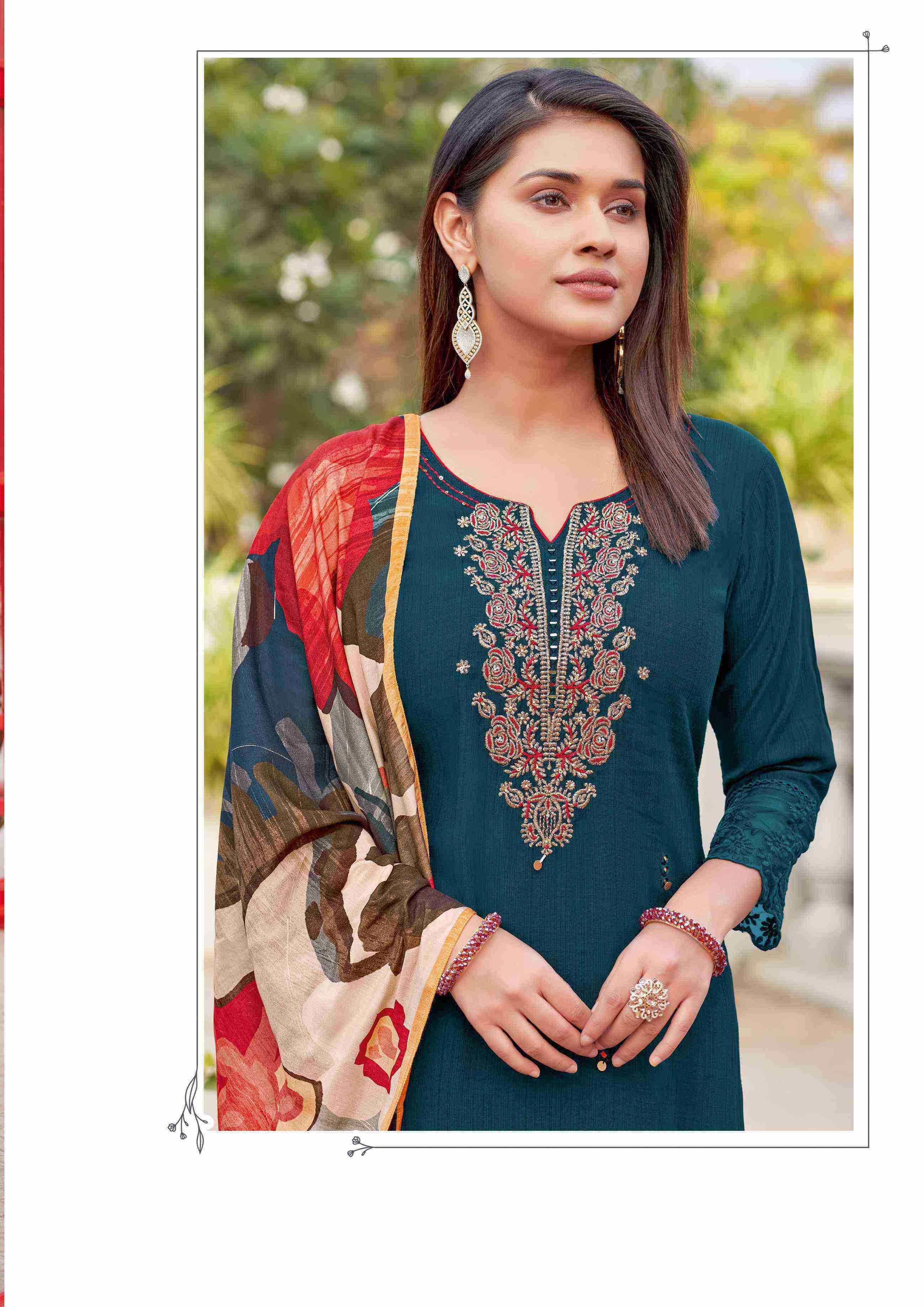 WOOGLEE EHSAAS 2001-2006  SERIES VISCOSE WEAVING WITH THREAD WORK DESIGNER THREE PCS DESIGNER KURTI WHOLESALER