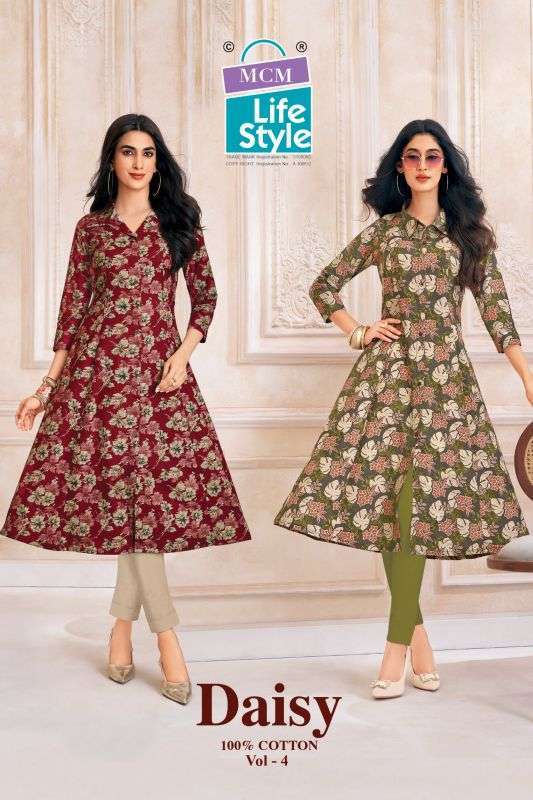 MCM LIFESTYLE DAISY VOL 4 FANCY DESIGNER A LINE LONG KURTI WHOLESALE PRICE SURAT 