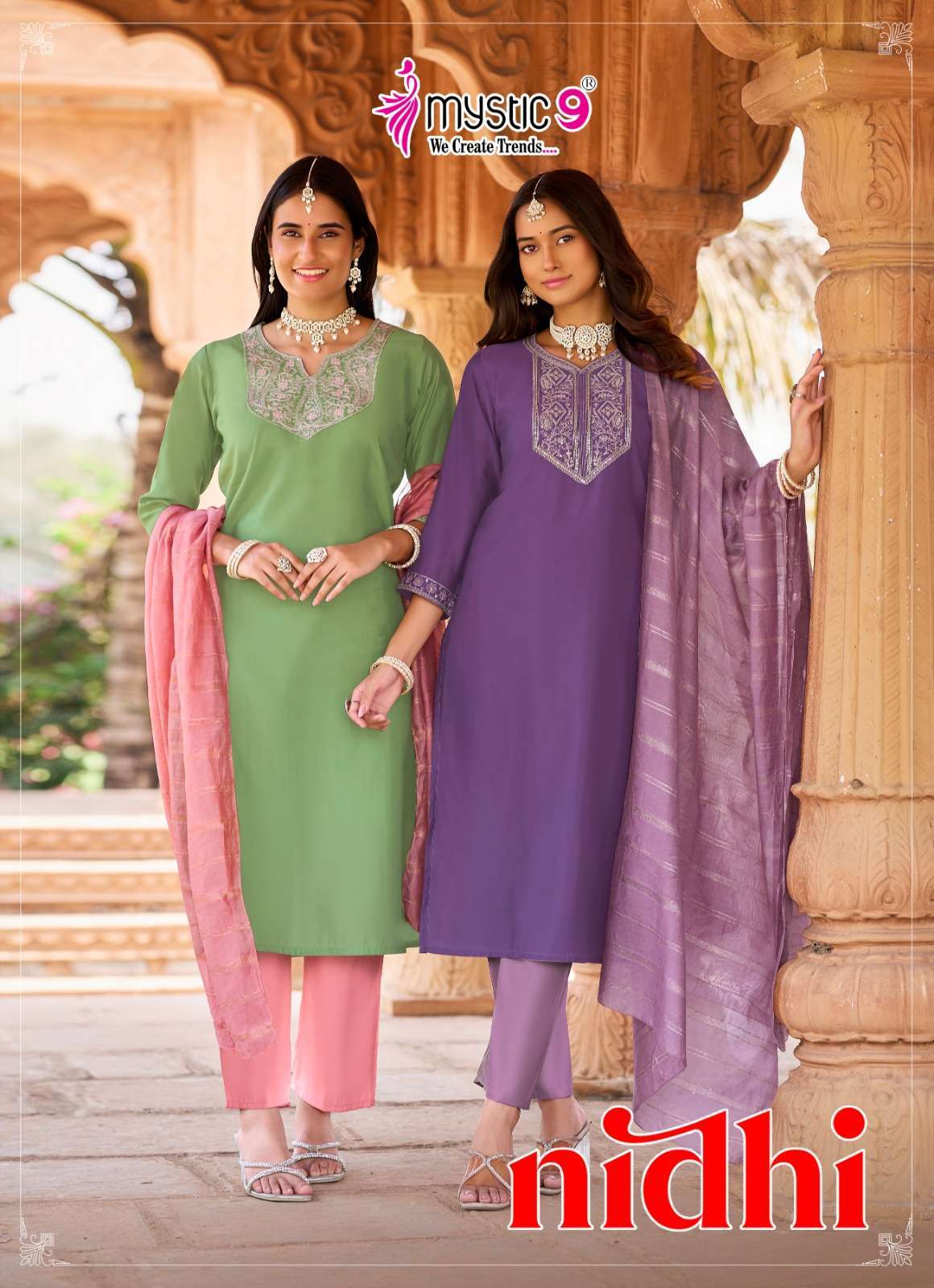 MYSTIC 9 NIDHI VOL 1 ROMAN SILK WITH FANCY EMBROIDERED READY MADE SALWAR KAMEEZ WHOLE SALE RATE 