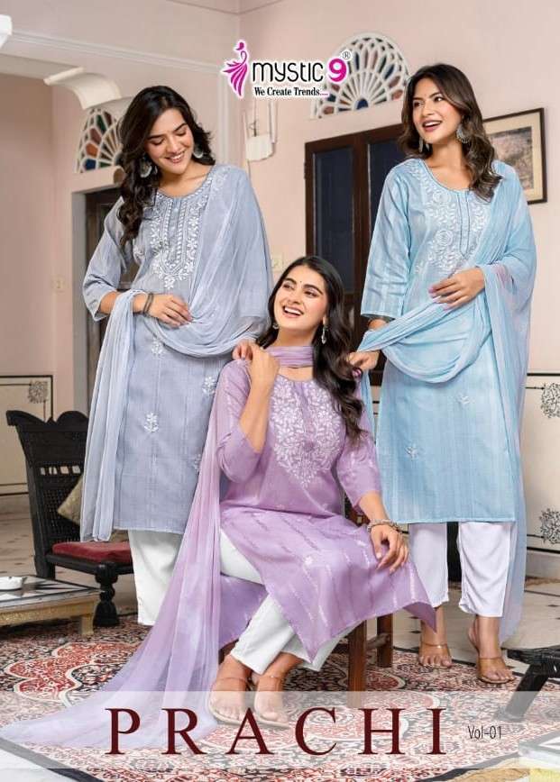 MYSTIC 9 PRACHI VOL 1 CAPSULE EMBROIDERED THREE PCS READYMADE SET EXPORTER IN INDIA 
