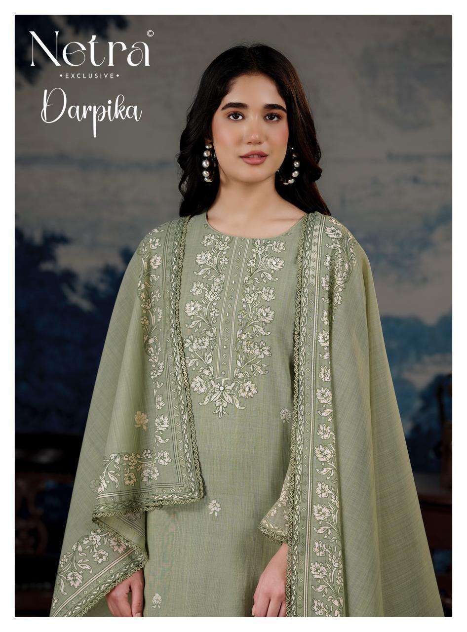 NETRA DARPIKA BANARASI MUL CHANDERI FANCYEMBROIDERED WORK SALWAR KAMEEZ PRICE SURAT 
