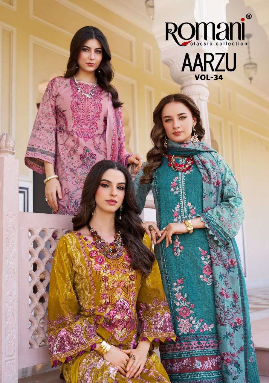 ROMANI AARZU VOL 34 SOFT COTTON EMBRODERY WORK DRESS MATERIAL ONLINE SUPPLIER 