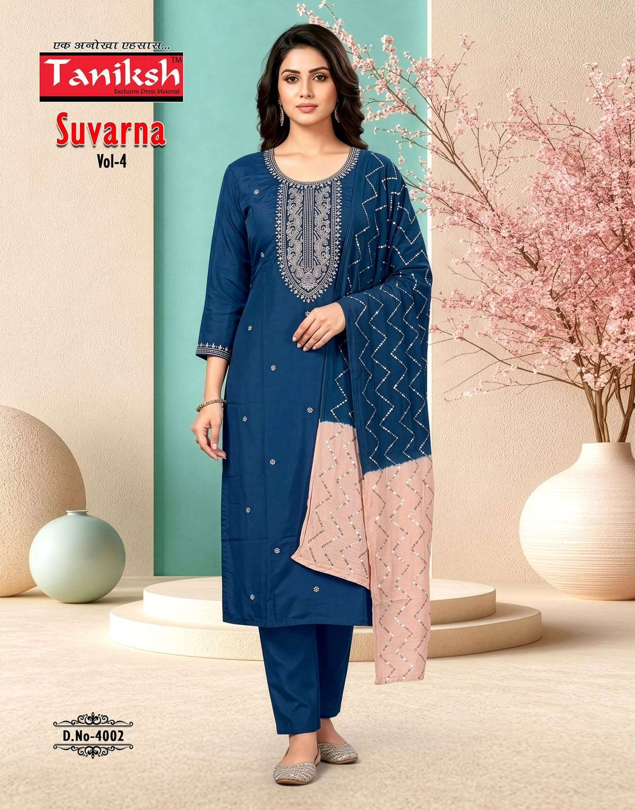 TANIKSH SUVATNA VOL 4 ROMAN SILK WITH FANCY EMBROIDERED DESIGNER THREE PCS READYMADE AVAILABLE AT WHOLESALE RATE 