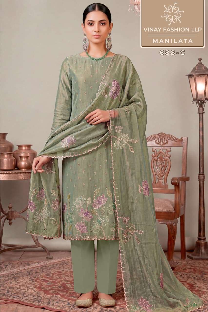 VINAY FASHION KULEESH  MANILATA PREMIUM SALSA SILK FANCY DESIGNER WEAR LADIES SUIT WHOLESALER