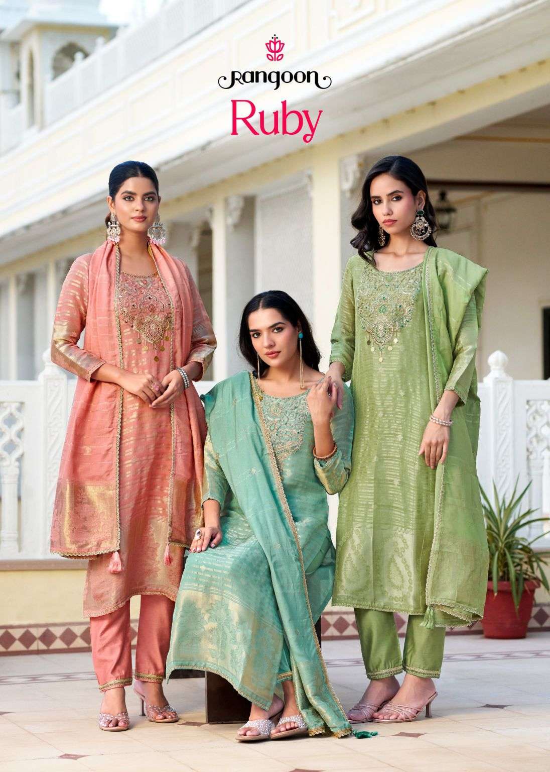 RANGOON RUBY ORGANZA WITH FANCY WORK READYMADE SALWAR KAMEEZ WHOLESALE PRICE SURAT 
