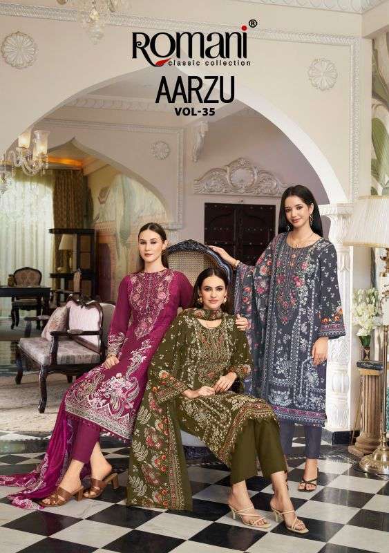 ROMANI AARZU VOL 35 SOFT COTTON DIGITAL PRINT WITH  EMBRODERY WORK DRESS MATERIAL ONLINE SUPPLIER 