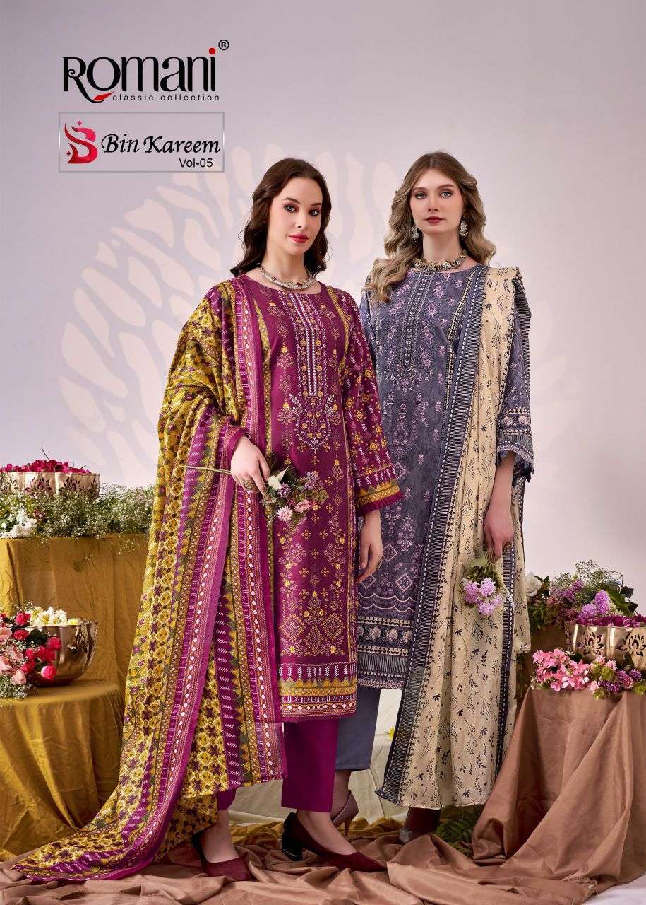 ROMANI BIN KAREEM VOL 5 DIGITAL COTTON PRINT WITH EMBRODERY WORK LADIES SUIT SUPPLIER 