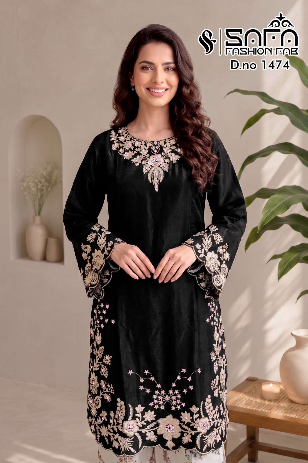 SAFA FASHION FAB 1474 SOFT COTTON WITH FANCY WORK READYMADE DESIGNER THREE PCS KURTI WHOLESALER