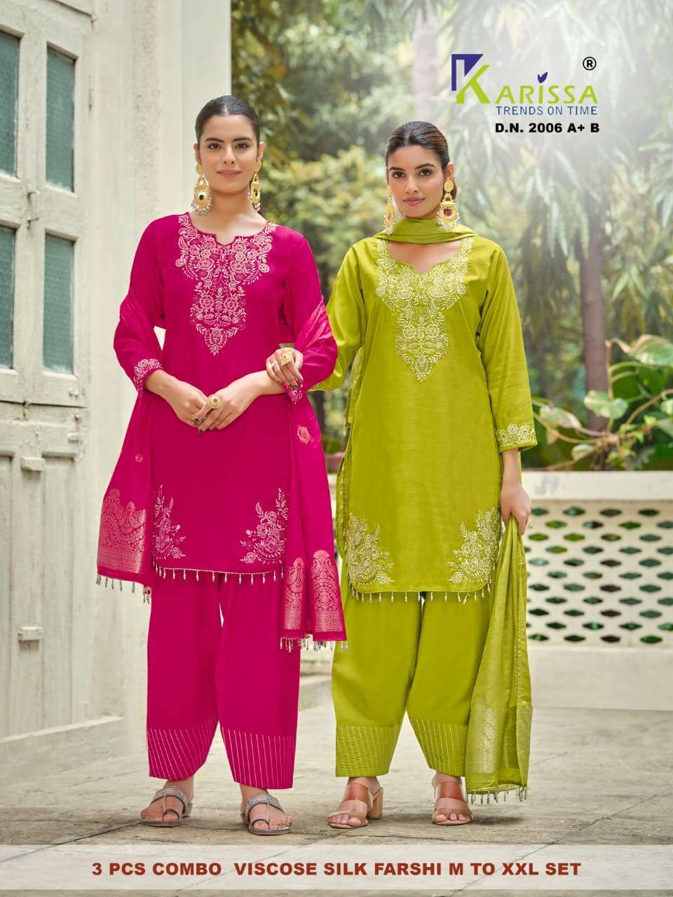 KARISSA TRENDS 2006-2007  VISCOSE SILK WITH THREAD WORK DESIGNER KURTI WITH BOTTOM AND DUPPTA COLLECTION SUPPLIER 