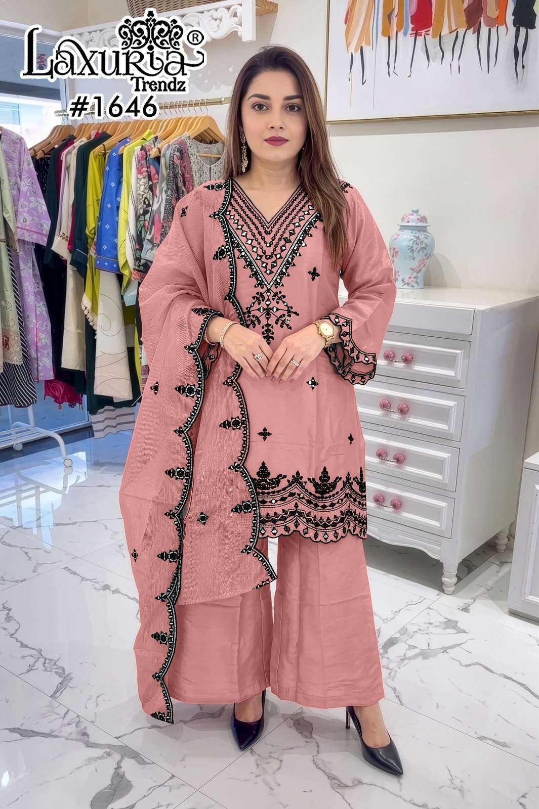 LAXURIA TRENDS 1646 ROMAN GLASS EMBROIDERED READYMADE SALWAR KAMEEZ WHOLESALE PRICE SURAT 
