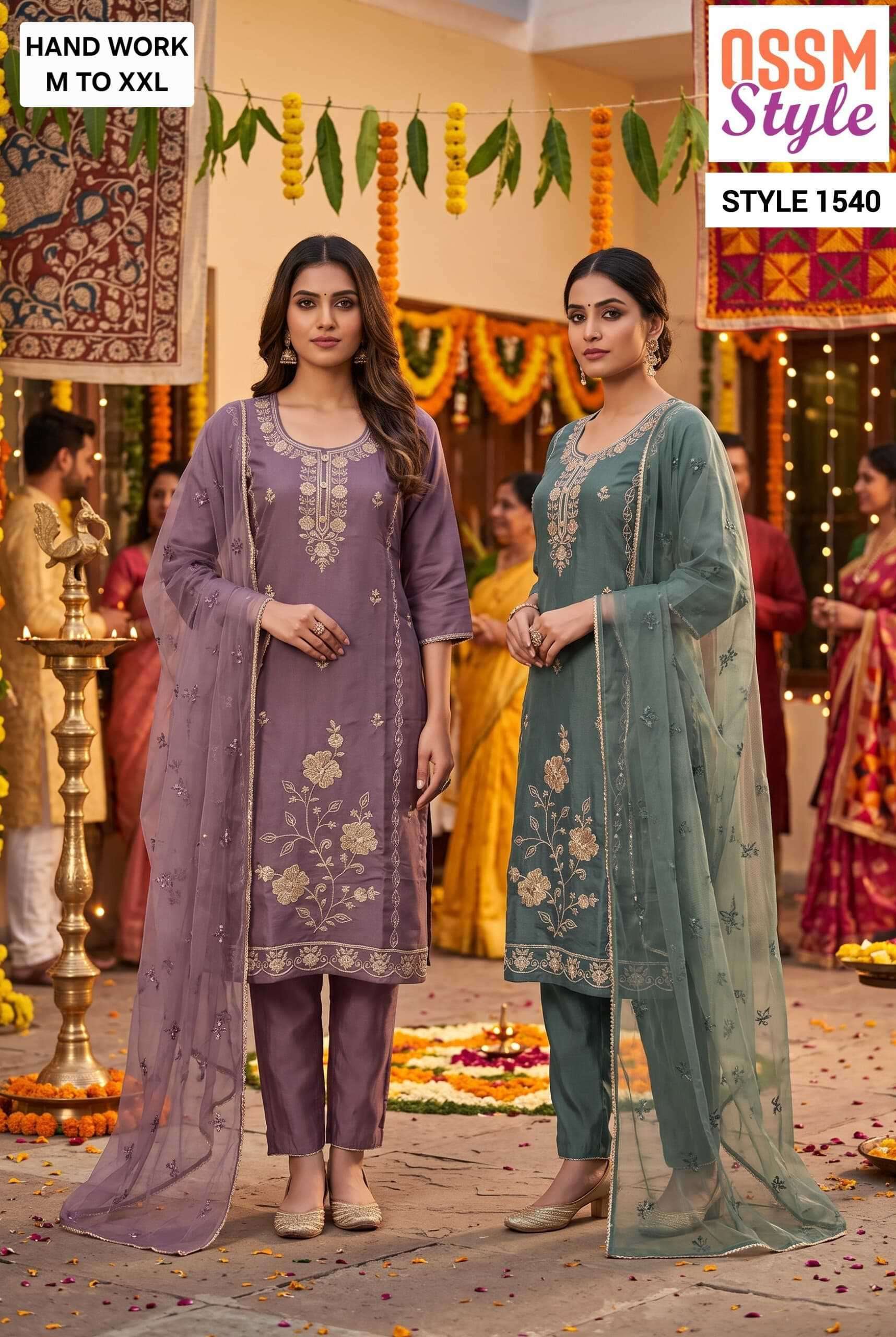 OSSM STYLE 1540-1541 FANCY HANDWORK WITH BEADS WORK ROMAN READYMADE SALWAR KAMEEZ WHOLESALE BEST RATE 