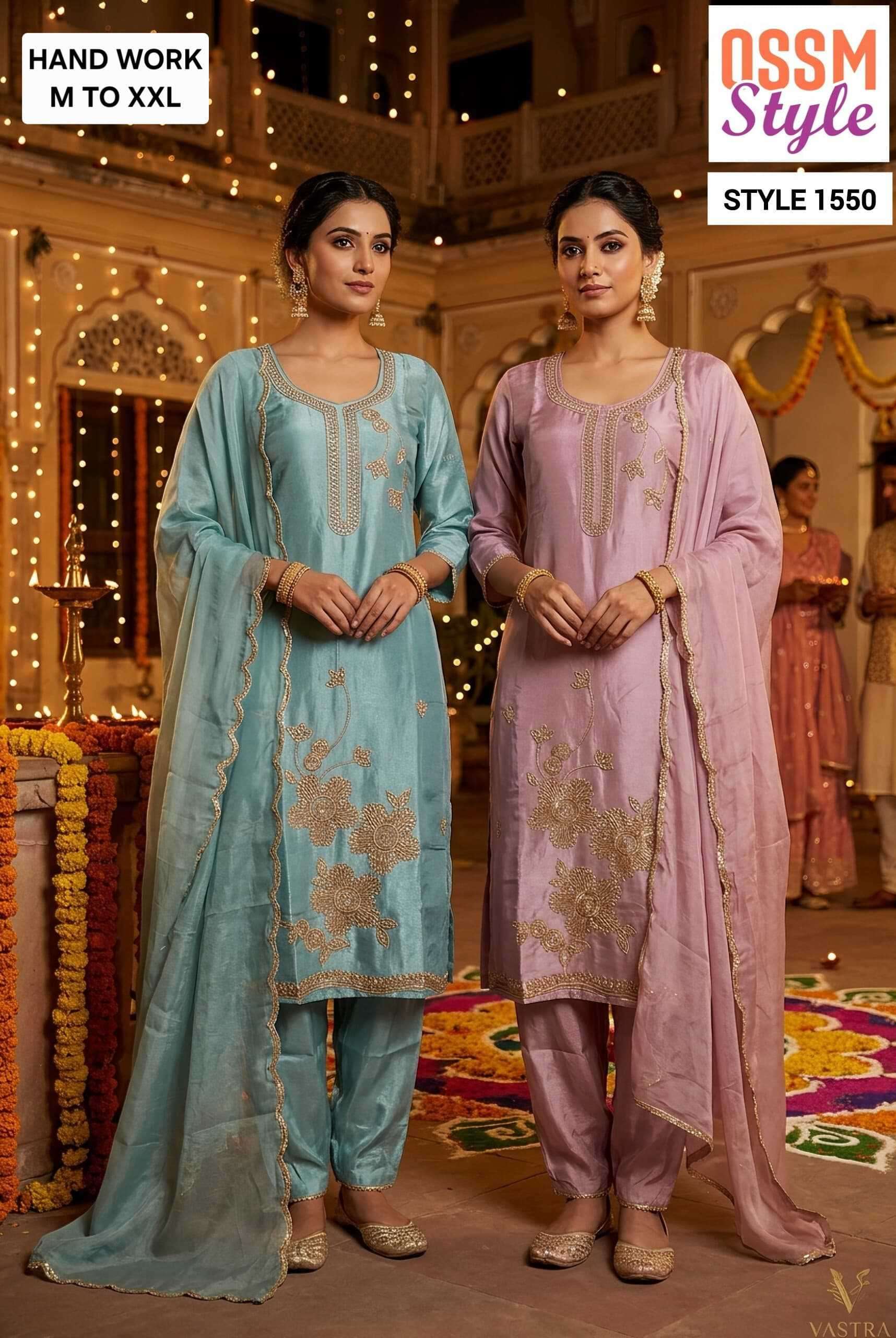 OSSM STYLE 1550-1551 VISCOSE ROMAN GLASS WITH FANCY WORK READYMADE SALWAR KAMEEZ WHOLESALE PRICE SURAT 