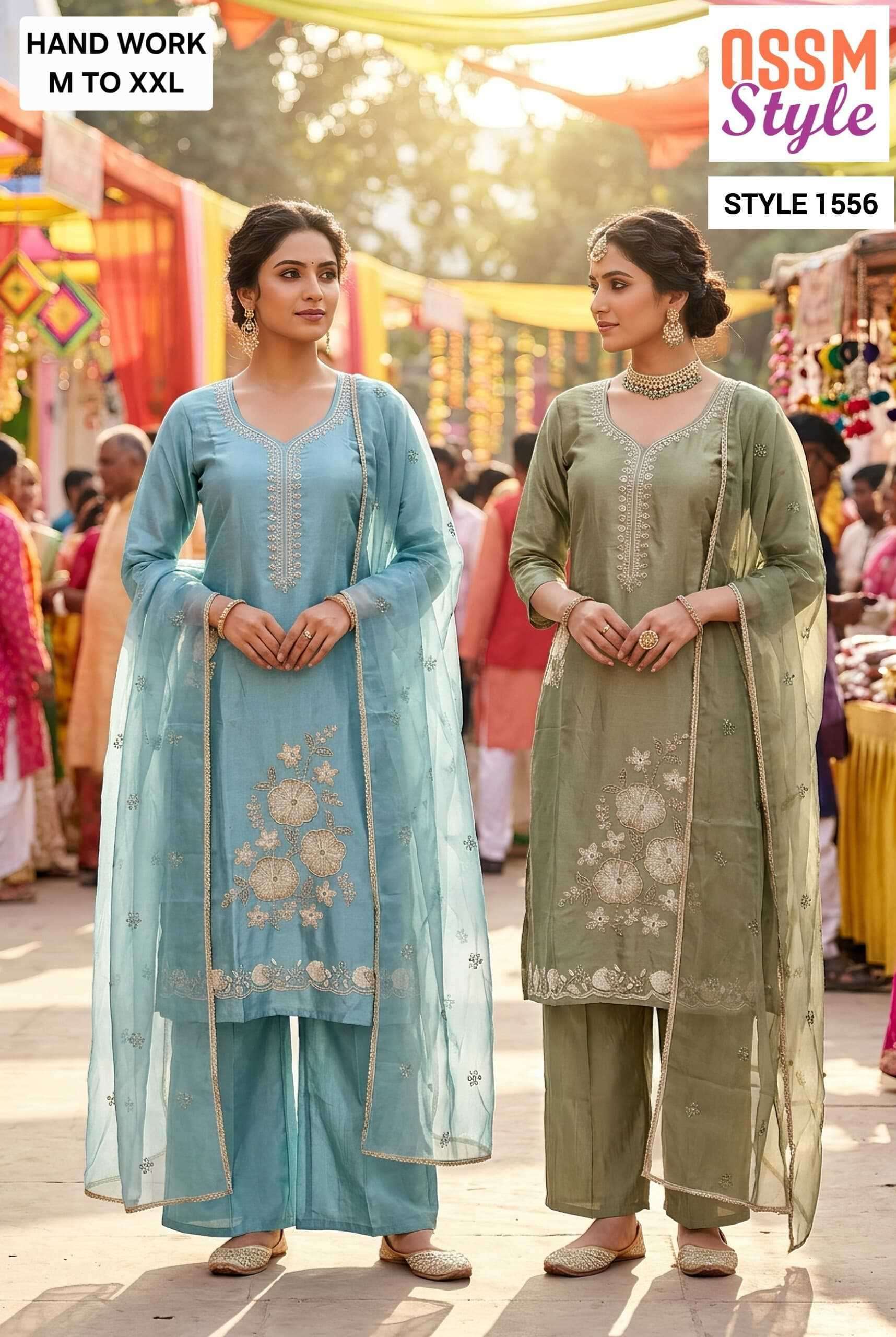 OSSM STYLE 1555-1556 HEAVY BEADS WORK WORK DESIGNER VISCOSE ROMAN READYMANDE SALWAR KAMEZ WHOLESALE PRICE SURAT 