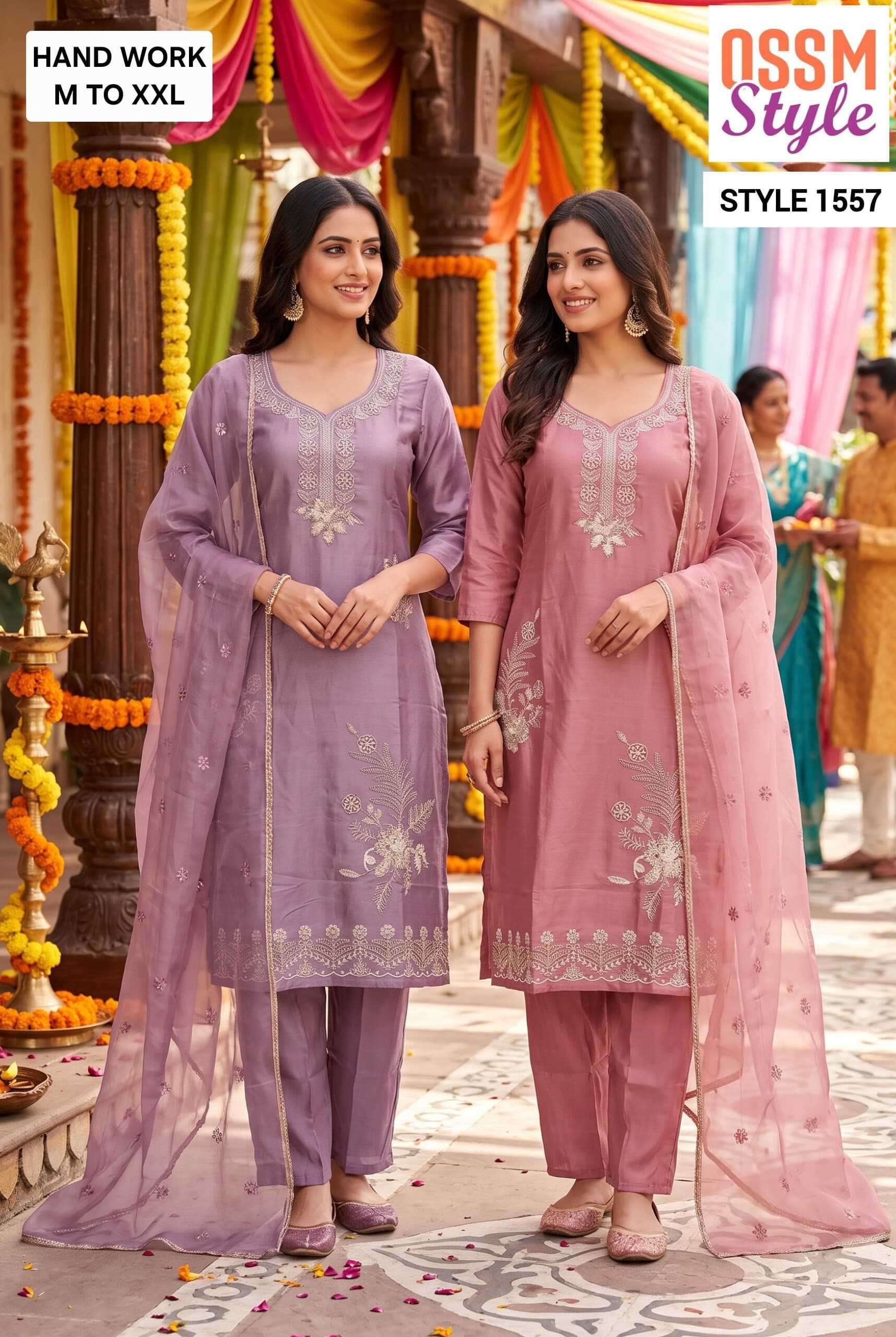 OSSM STYLE 1557-1558 VISCOSE ROMAN WITH HEAVY BEADS WORK READYMADE SALWAR KAMEEZ WHOLESALE PRICE SURAT 