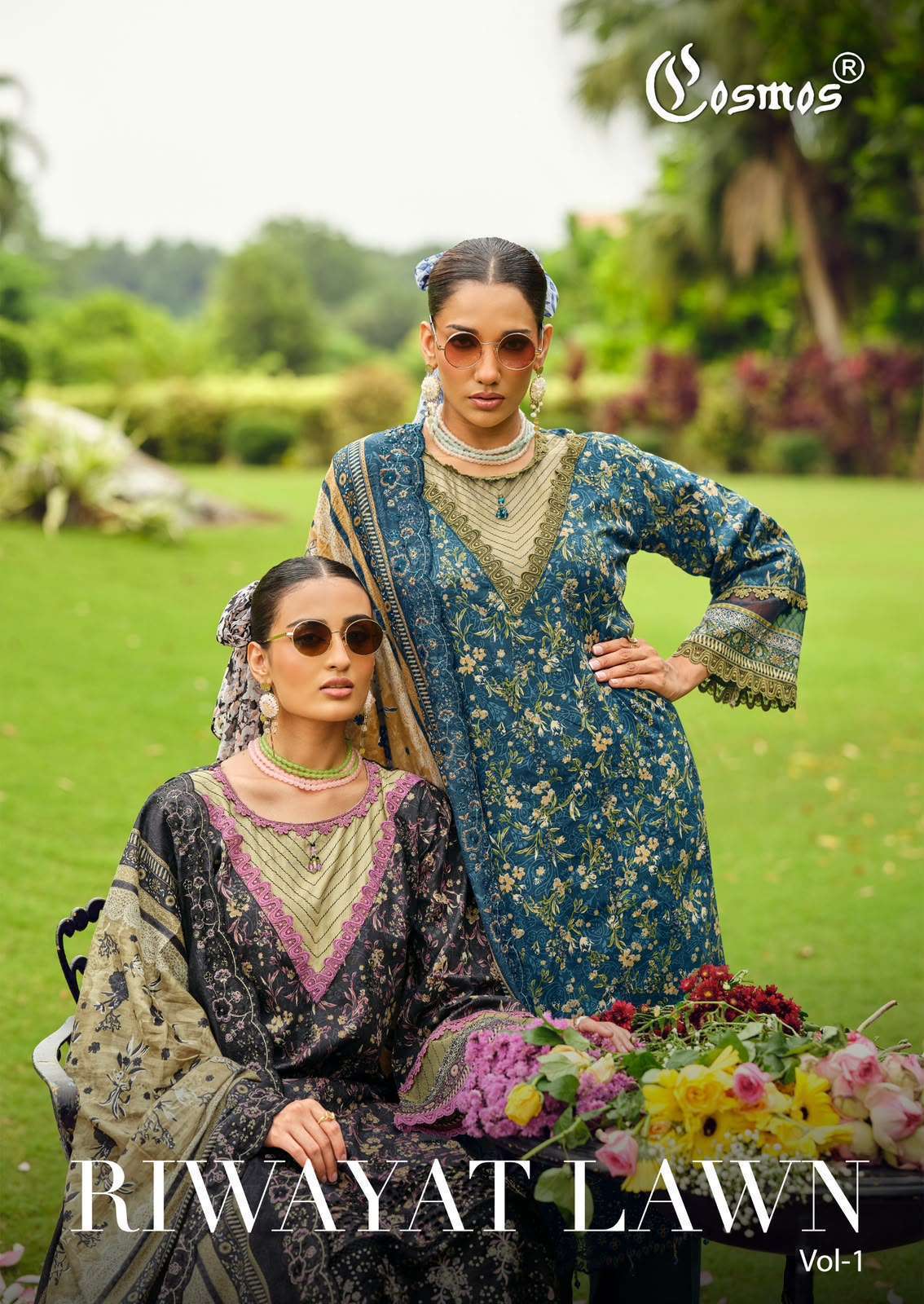 COSMOS RIWAYAT LAWN VOL 1 LAWN COTTON CHIKANKARI WORK WHOLESALE CATALOGUE 