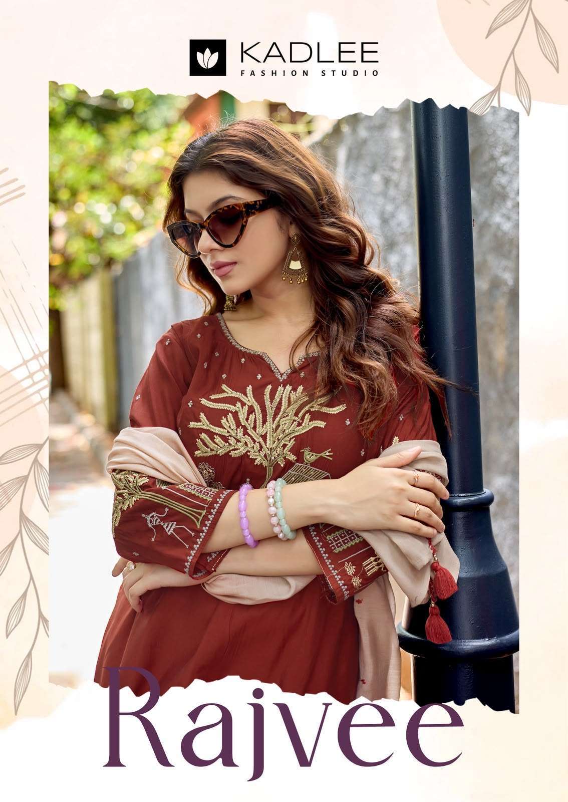KADLEE RAJVEE ROMAN SILK WITH FANCY WORK READYMADE SUIT WHOLESALE CATALOGUE SURAT 