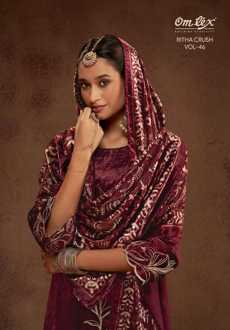 OMTEX RITHA VOL 46 PURE VISCOSE VELVET DESIGNER VELVET BRASSO SUIT WHOLESALER 