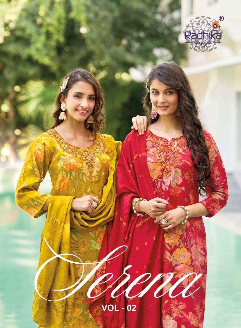 RADHIKA LIFESTYLE SERENA VOL-2 FANCY FOIL PRINTED WITH EMBRODERY WORK READYMADE THEE PCS SET SUPPLIER 